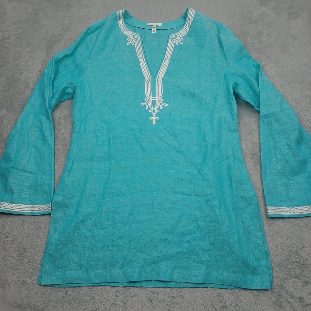 Escada Top Womens 38 Blue Linen Tunic Long Sleeve Preppy